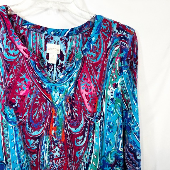 Chicos XL Top Size 3 Blue Pink Paisley Vibrant Mature Office Artsy Retro 1792 - Picture 4 of 9
